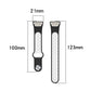 Two-color silicone watch band with reverse buckle, front and side view with strap dimensions