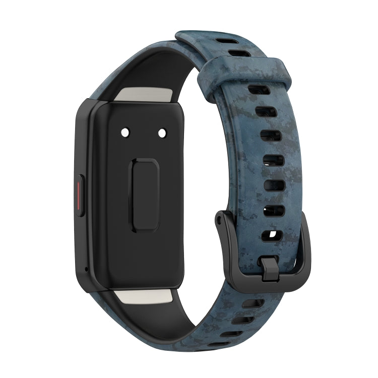 Blue camouflage silicone watch band with clasp and adjustment holes