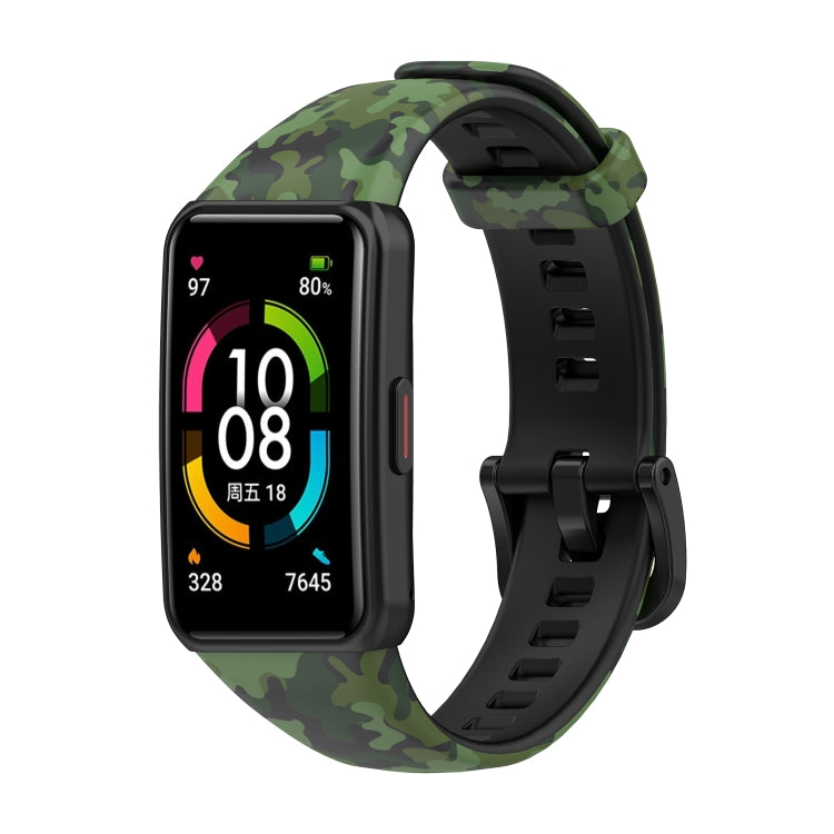 Green camouflage silicone watch band with clasp and adjustment holes