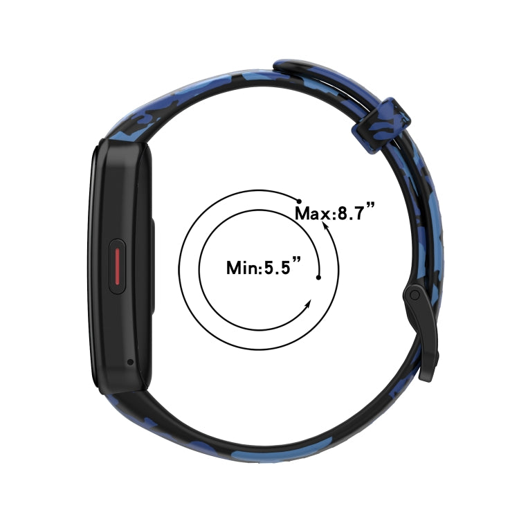 Blue camouflage silicone watch band with clasp and adjustment holes