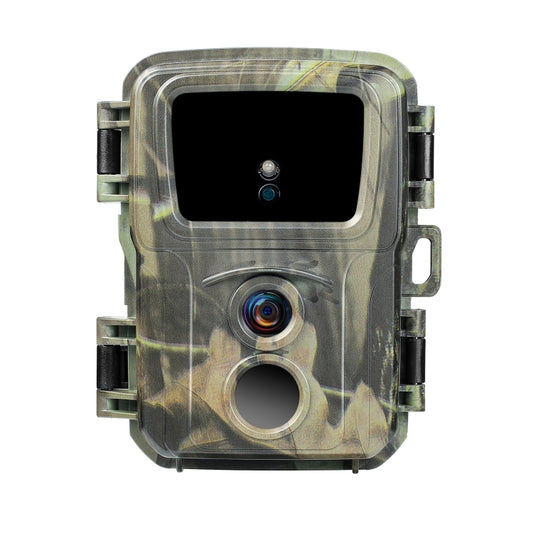 Camouflage trail hunting camera with front screen, lens, and IR sensor window