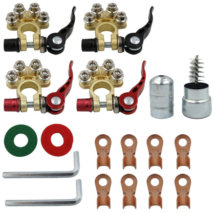 Car battery terminal kit with brass stake heads, red/black clamps, and hardware pieces