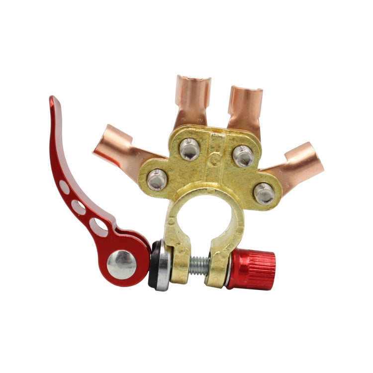 Brass car battery terminal connector with red ground clamp and black adjustment knob