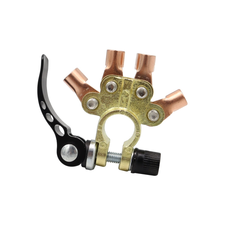 Brass car battery terminal connector with black ground clamp and copper prongs
