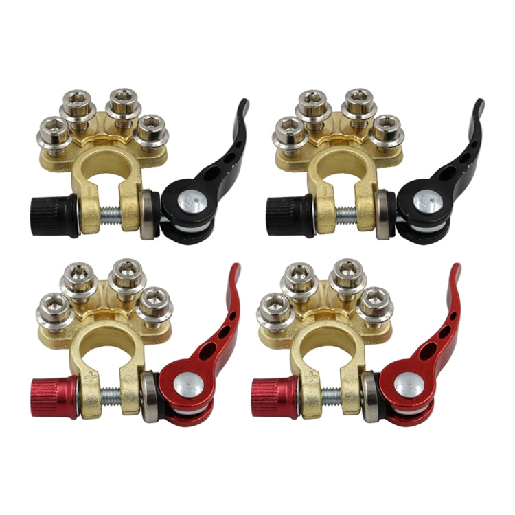 Car battery terminal connector set with brass posts and red/black clamps, shown in pairs