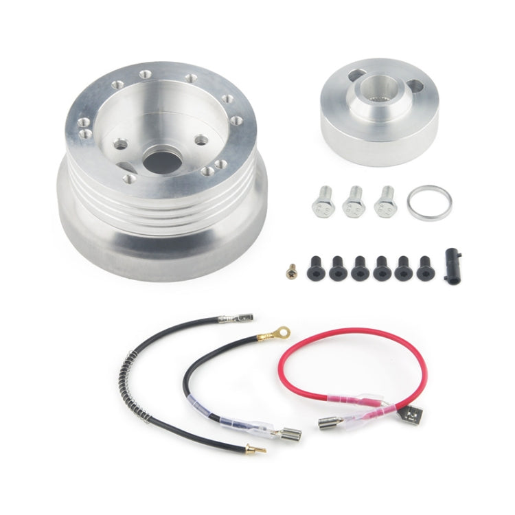 Polished steering wheel hub adapter kit with silver hub, wires, and mounting hardware