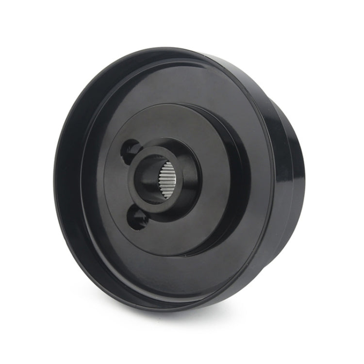 Black hub adapter face with center spline opening and recessed mounting holes