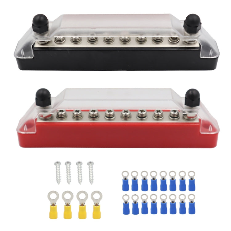 Power distribution terminal block pair with stud terminals, screws, and blue ring connectors