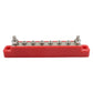 Red terminal block with row of stud posts for power distribution and wiring