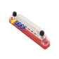 Red terminal block with clear cover, black end caps, and stud posts with colored leads