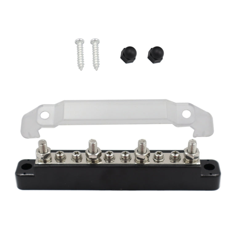 Power distribution terminal block with silver stud posts, black base, and mounting screws