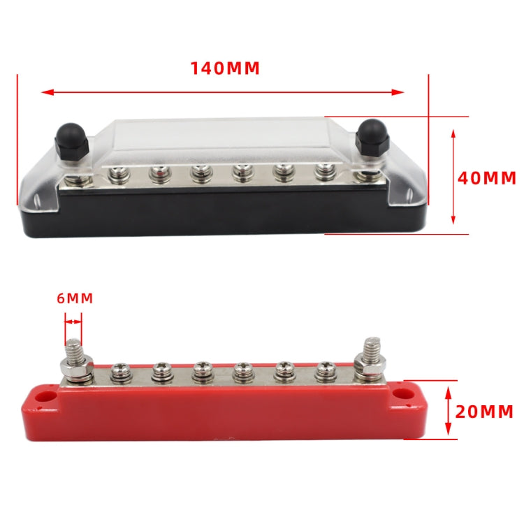 Power distribution terminal block with size guide: 140mm by 40mm by 20mm