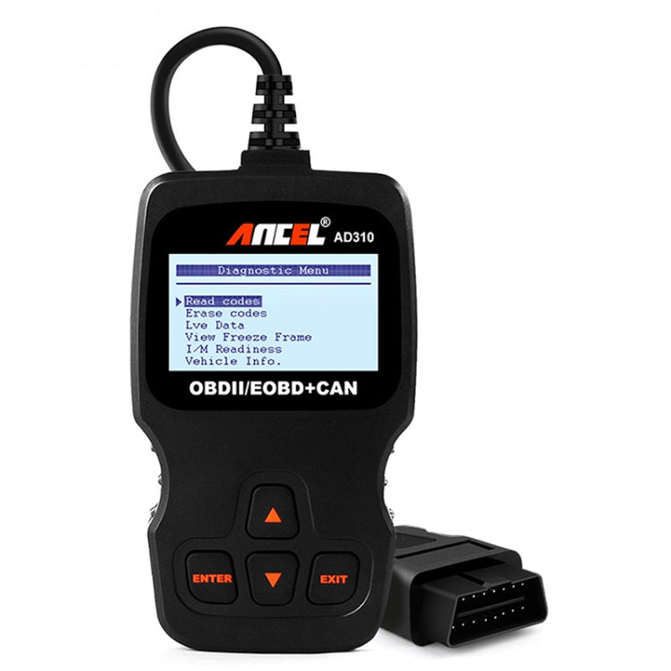 Ancel AD310 OBD2 car diagnostic scanner with OBD connector and screen