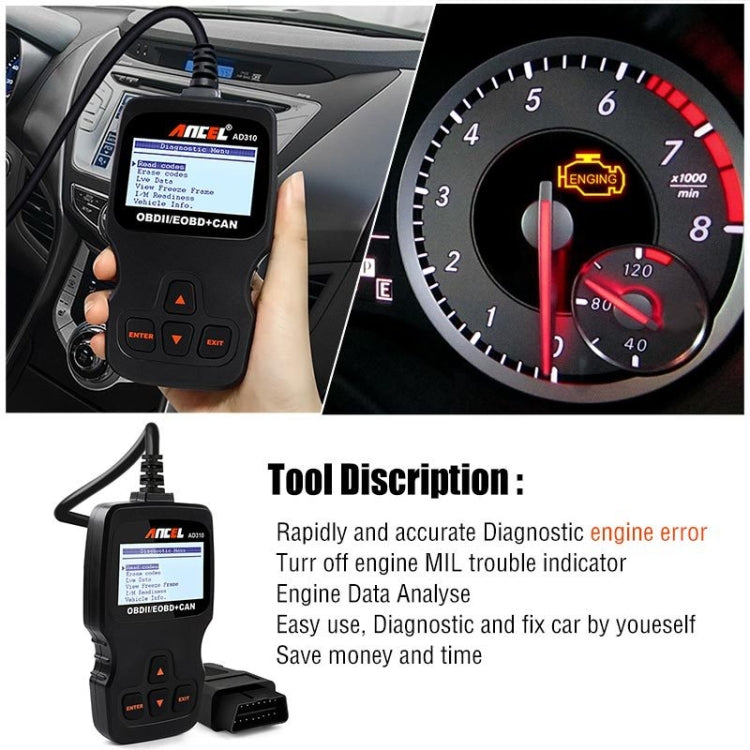 Ancel AD310 handheld OBD2 code reader showing diagnostic menu on screen