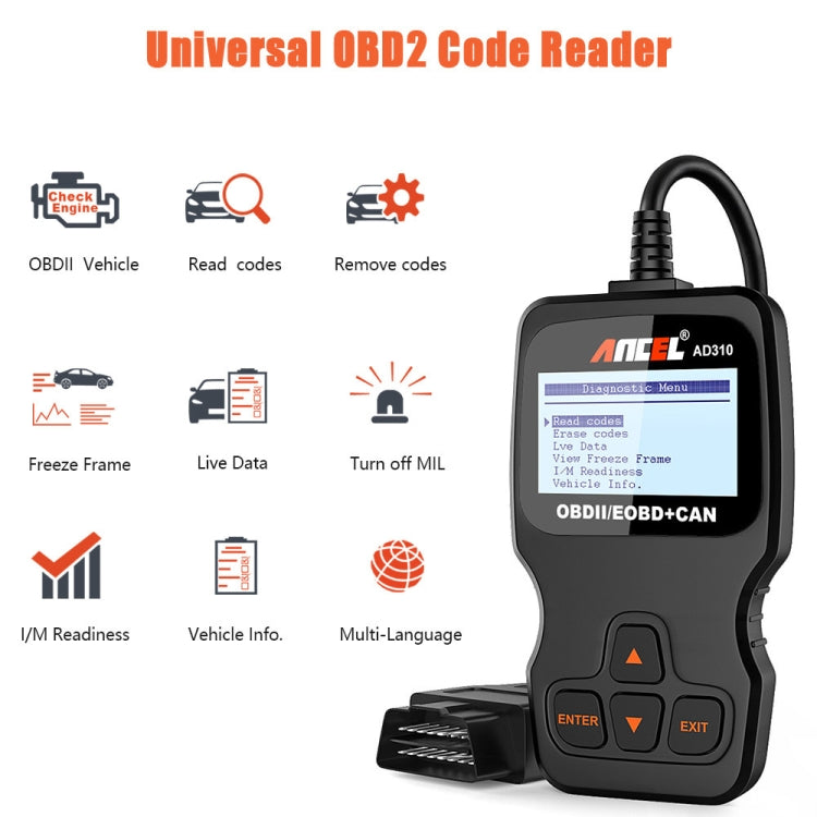Ancel AD310 universal OBD2 code reader with buttons and OBD plug