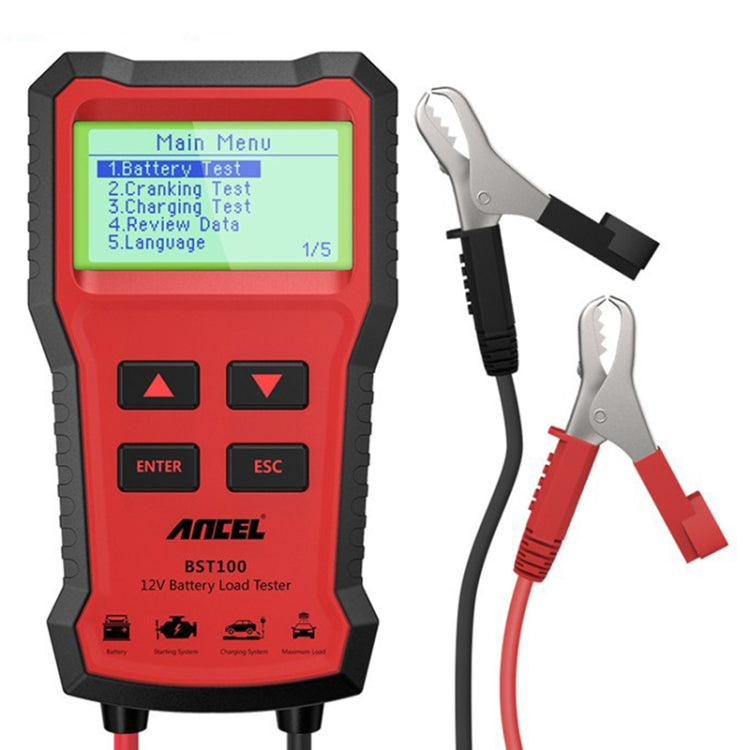 12V battery load tester with red-and-black body, lit screen, and button keypad