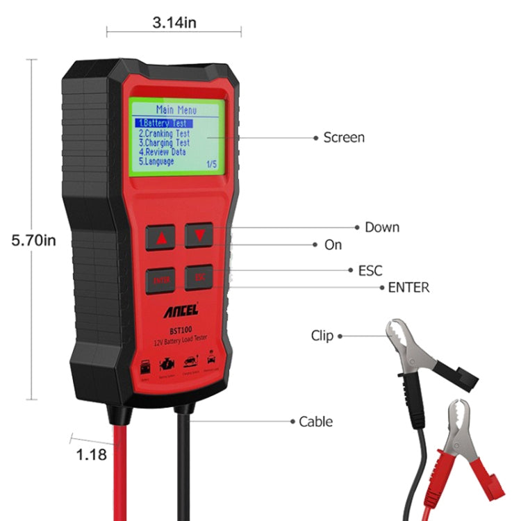 Red-and-black 12V battery tester with screen, plus clamp clips and test cable