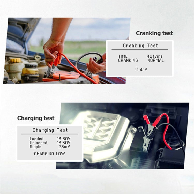 12V battery load tester connected to a car battery with red clamp leads