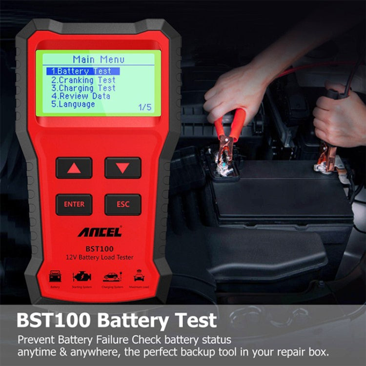 12V battery load tester in red body with screen menu while hands connect battery leads