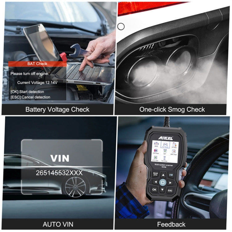 Handheld Ancel car diagnostic scanner showing on-screen test menus and keypad