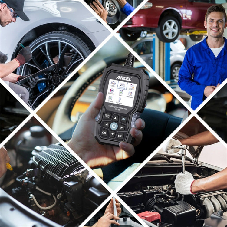 Handheld Ancel OBD scanner in hand with display and navigation buttons