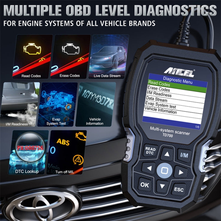 Handheld Ancel multi-system scanner with lit diagnostic menu screen and keypad