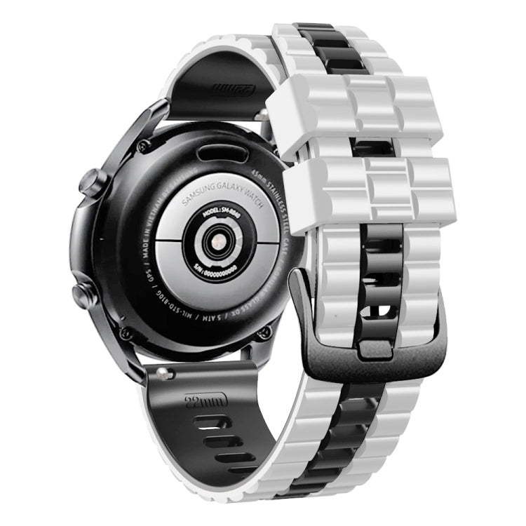 Two-tone silicone watch band with black-and-silver back view, 22mm wide