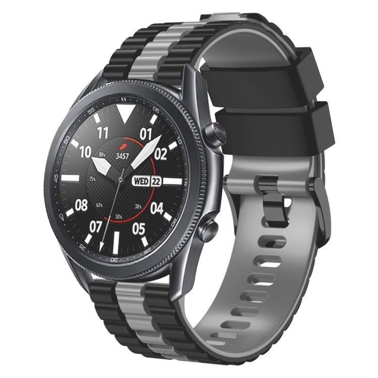 Two-tone silicone watch band with black strap and gray accents, 22mm wide
