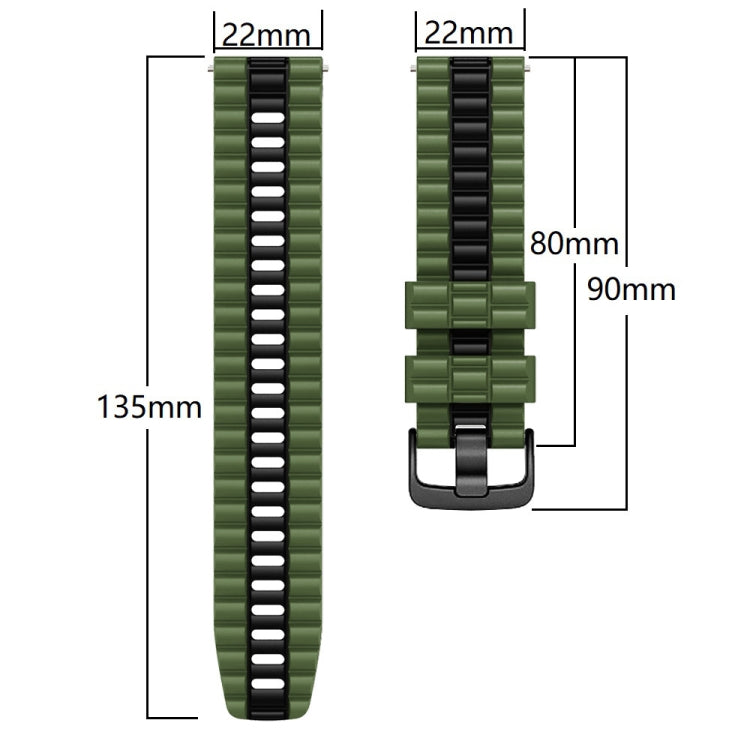 22mm two-color silicone watch band, green with black strap and buckle clasp