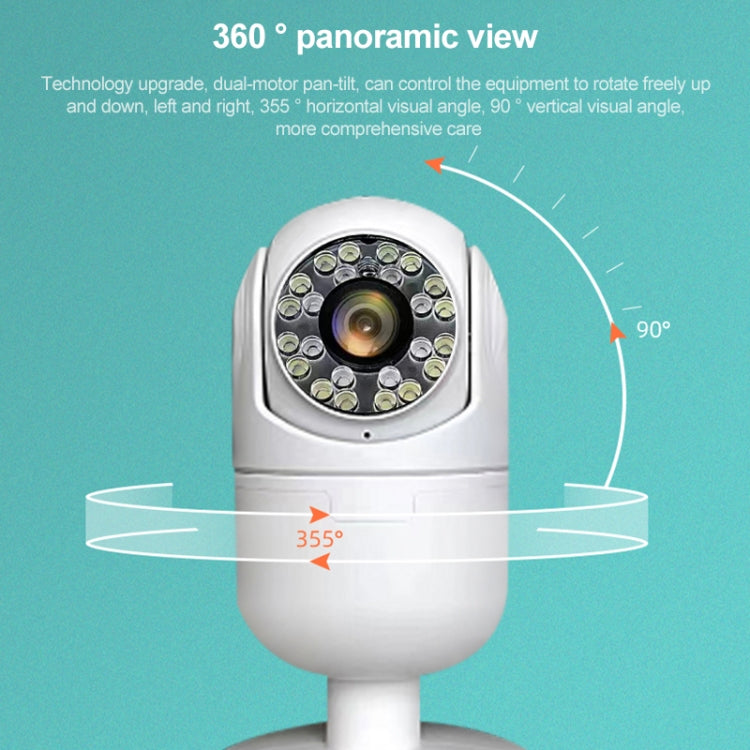 White indoor PTZ security camera with panoramic motion arrows overlay