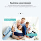 Indoor security camera voice intercom concept graphic with family on couch