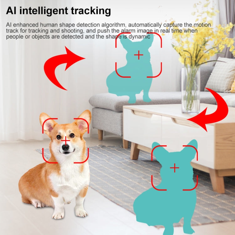 Indoor security camera AI tracking concept graphic with dog and cat icons