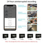Indoor security camera recording app screen with playback options and storage sizes