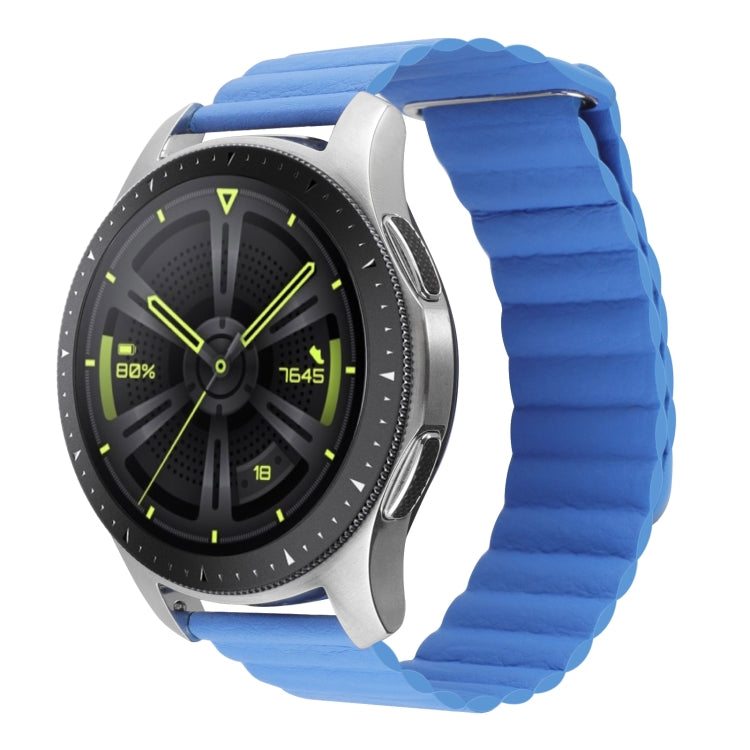 Blue leather magnetic loop watch band with metal loop clasp
