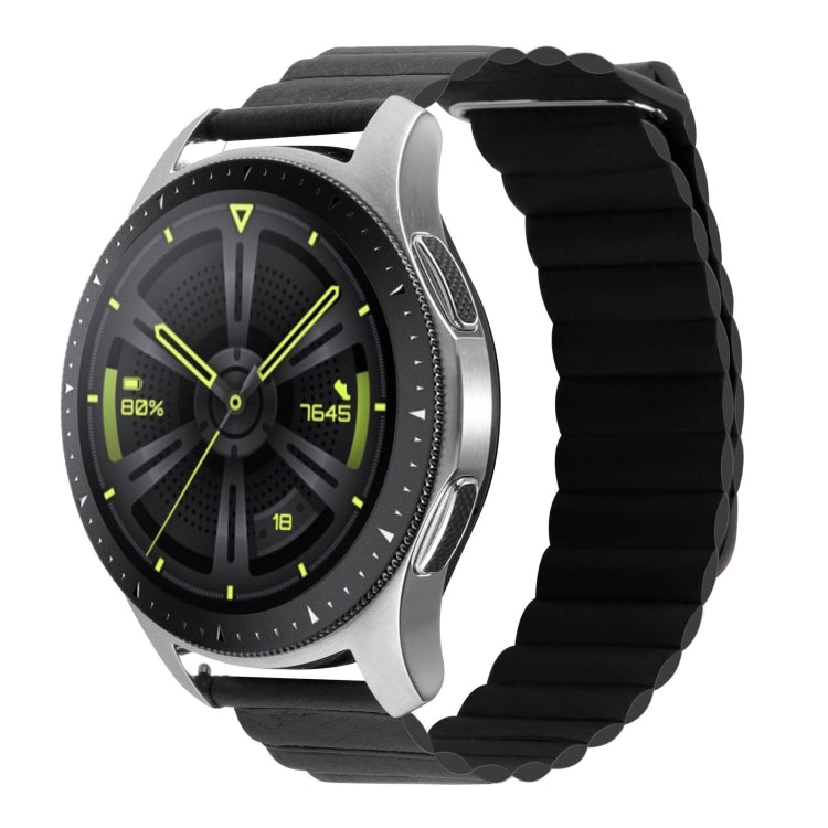 Black leather magnetic loop watch band with textured segmented links