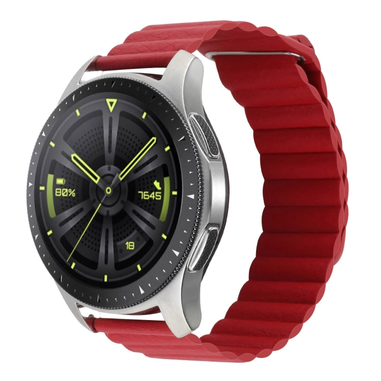 Red leather magnetic loop watch band with metal loop clasp, side view