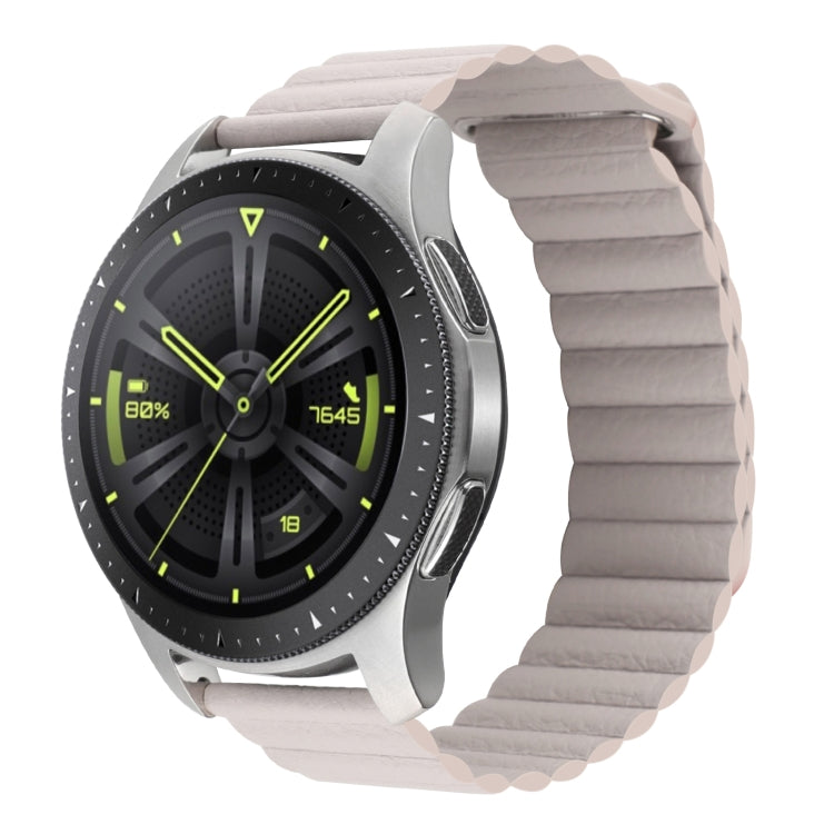 Magnetic loop leather watch band in light gray, ridged strap with metal clasp on watch