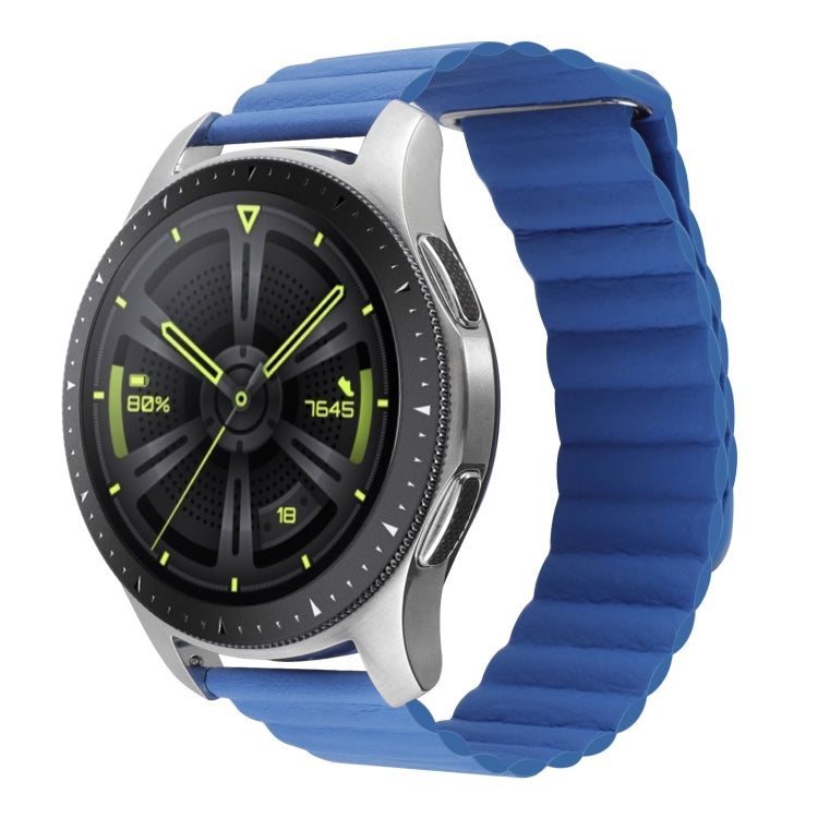 Magnetic loop leather watch band in bright blue, ridged strap links and metal clasp