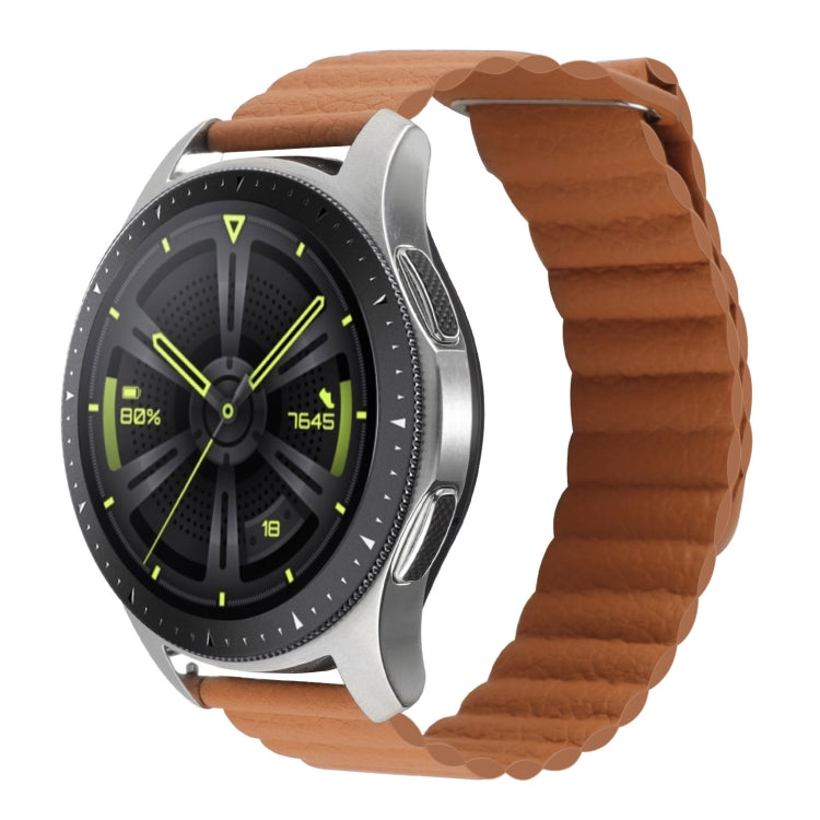 Magnetic loop leather watch band in tan brown, ridged strap with metal clasp