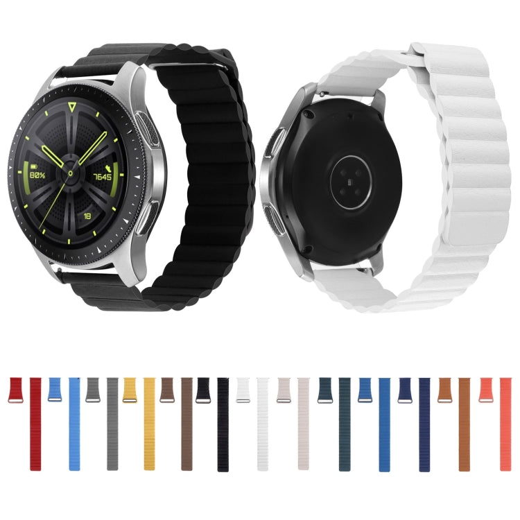 Assorted magnetic loop leather watch bands in multiple colors, flat lay view