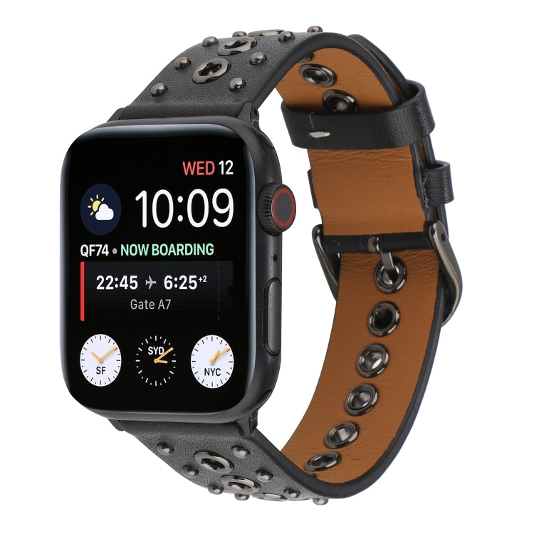 Black genuine leather watch band with punk rivet studs and metal buckle