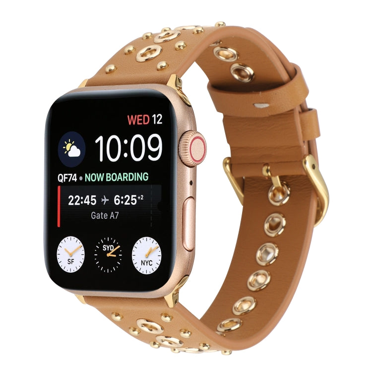 Tan genuine leather watch band with gold-tone punk rivet studs and buckle