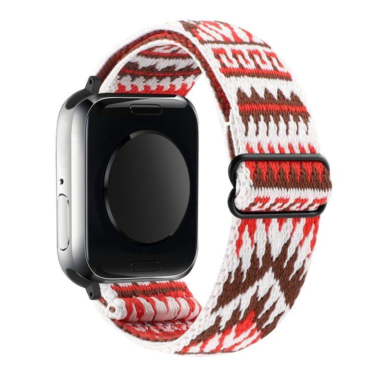 Ethnic buckle elastic watch band with red-and-white woven tribal pattern, clasp closed