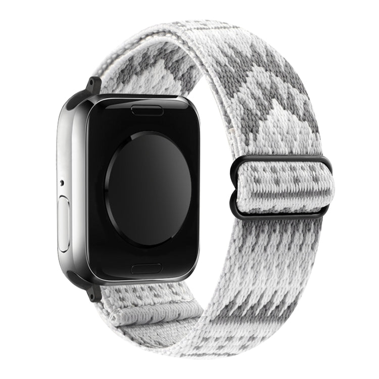Ethnic buckle elastic watch band with grey-and-white diamond pattern, clasp closed
