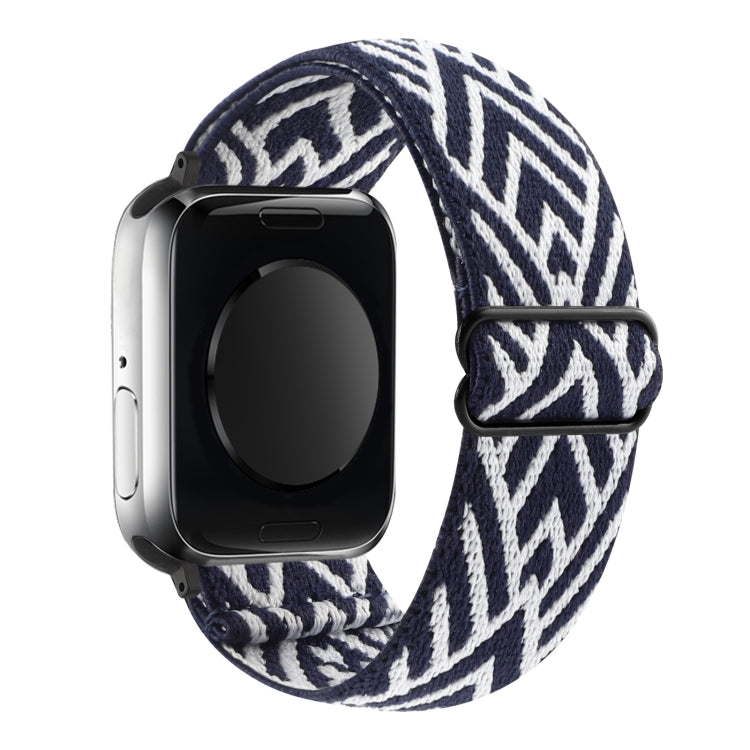 Ethnic buckle elastic watch band with navy-and-white geometric pattern, clasp closed