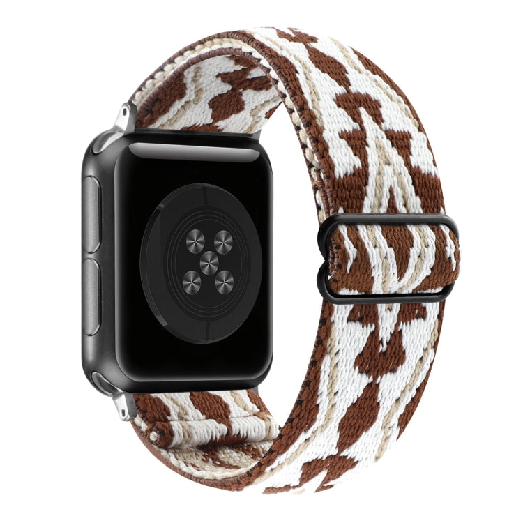 Ethnic buckle elastic watch band with brown-and-white geometric stripe print, brown buckle