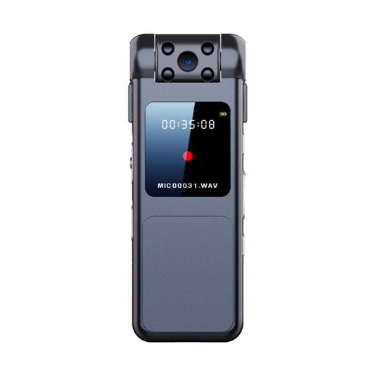 Dark gray handheld video recorder with front screen timer and red recording dot