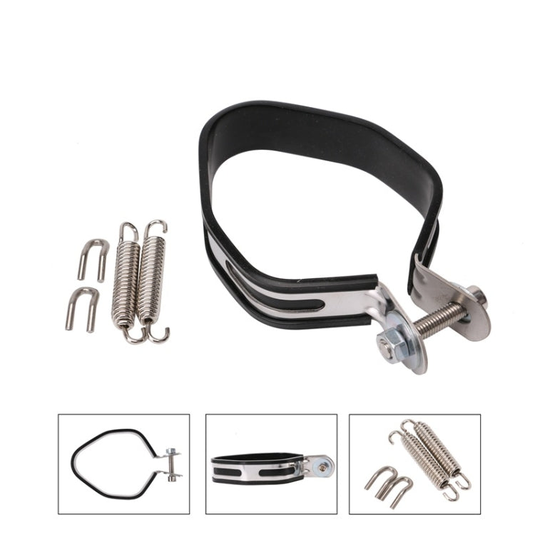 Motorcycle exhaust pipe clamp with black strap and metal mounting bracket