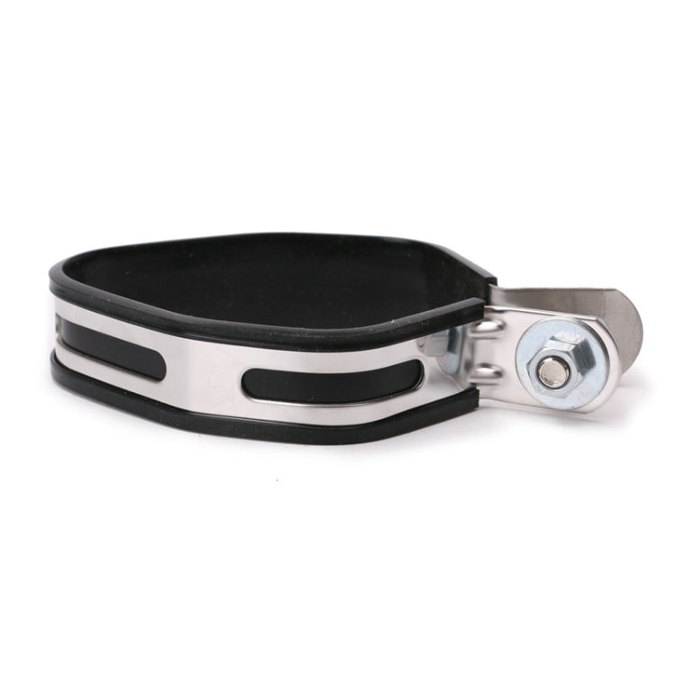 Motorcycle exhaust clamp band with black rubber inlay and side mounting bolt