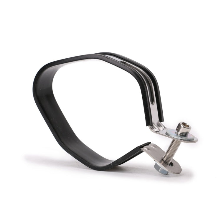 Motorcycle exhaust pipe clamp with black strap and spring-loaded screw mount
